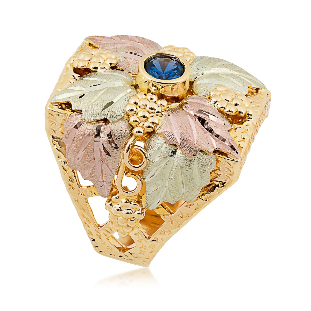 Black Hills Gold Men's Round Yogo Sapphire Bezel Set Grape Cluster & Leaf Ring in 10K Yellow Gold front view