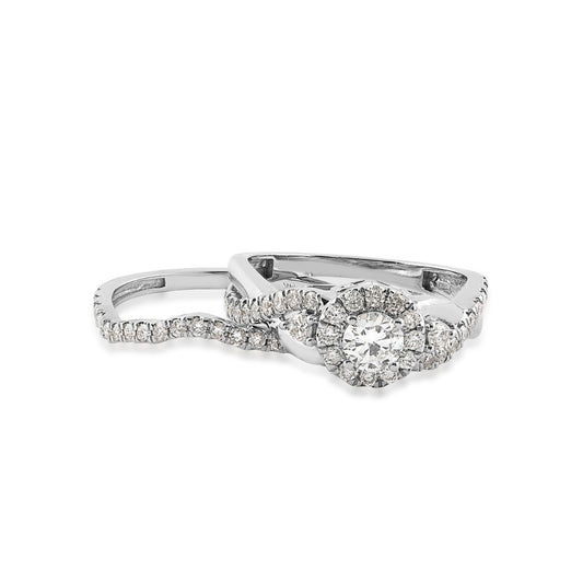 Natural 1 ct. tw. Round Brilliant Diamond Halo Twist Wedding Set in 14K White Gold side profile