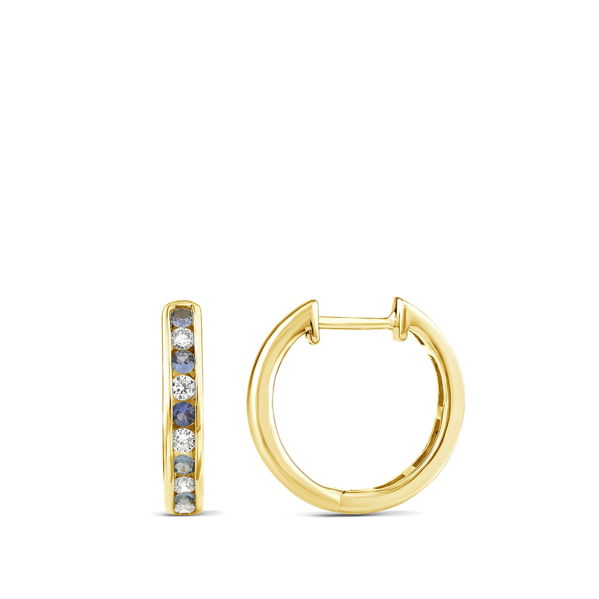Yogo Sapphire & 1/4 ct. tw. Diamond Channel Set Hoop Earrings in 14K Yellow Gold