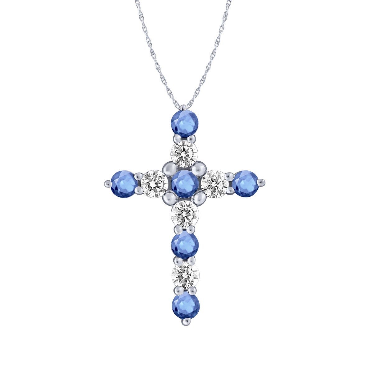 Yogo Sapphire & 1/4 ct. tw. Diamond Cross Pendant in 14K White Gold