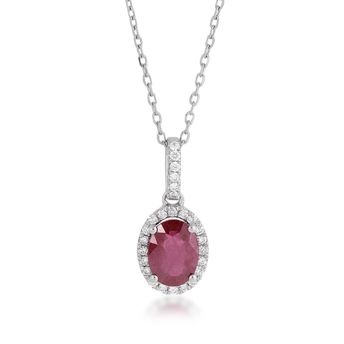 Oval Ruby & 1/8 ct. tw. Diamond Halo Pendant in 14K White Gold