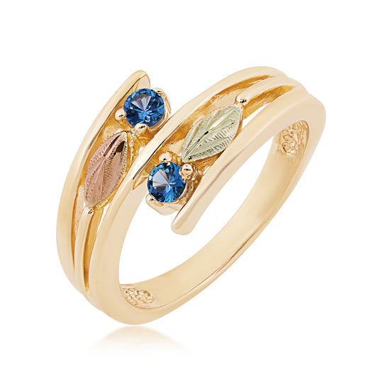 Black Hills Gold Round 2-Stone Yogo Sapphire & Leaf Bypass Ring in 10K Yellow Gold front view