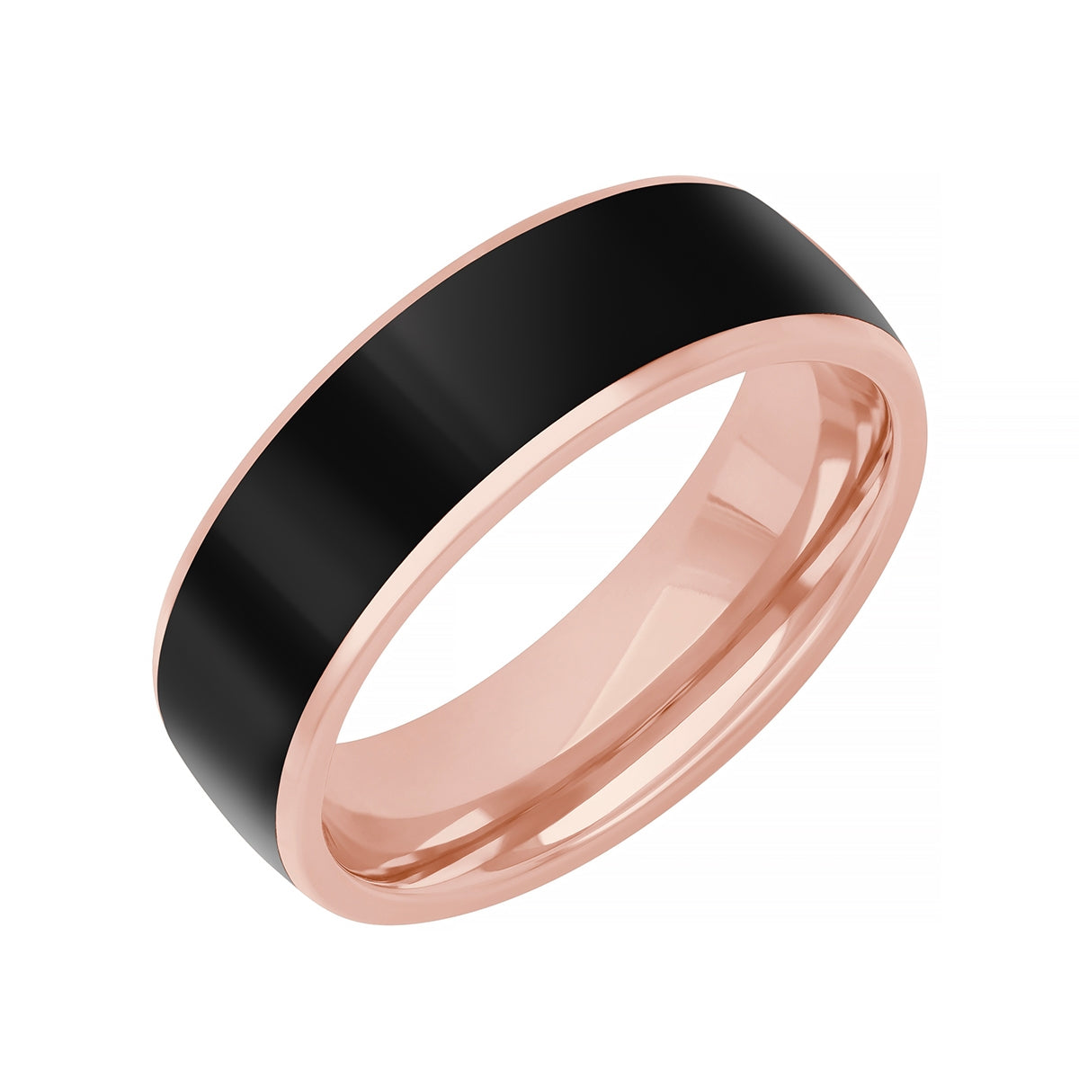 Men's Black Ceramic Inlay Wedding Ring in 14K Pink Gold front view