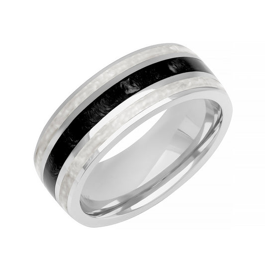 Men's Pearl Inspired White & Black Ceramic Inlay Wedding Ring in 14K White Gold front view