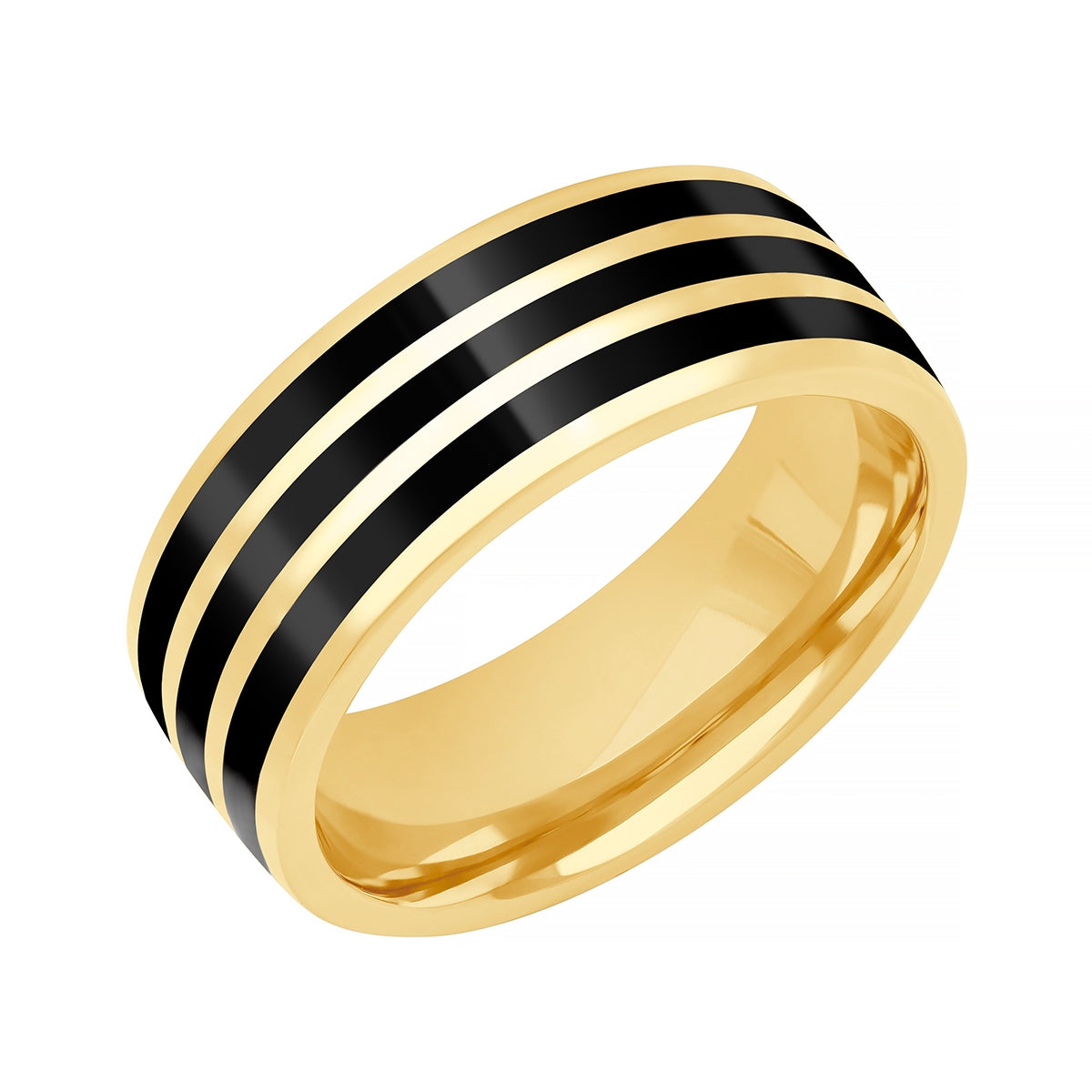 Men's Triple Black Ceramic Inlay Striped Wedding Ring in 14K Yellow Gold front view