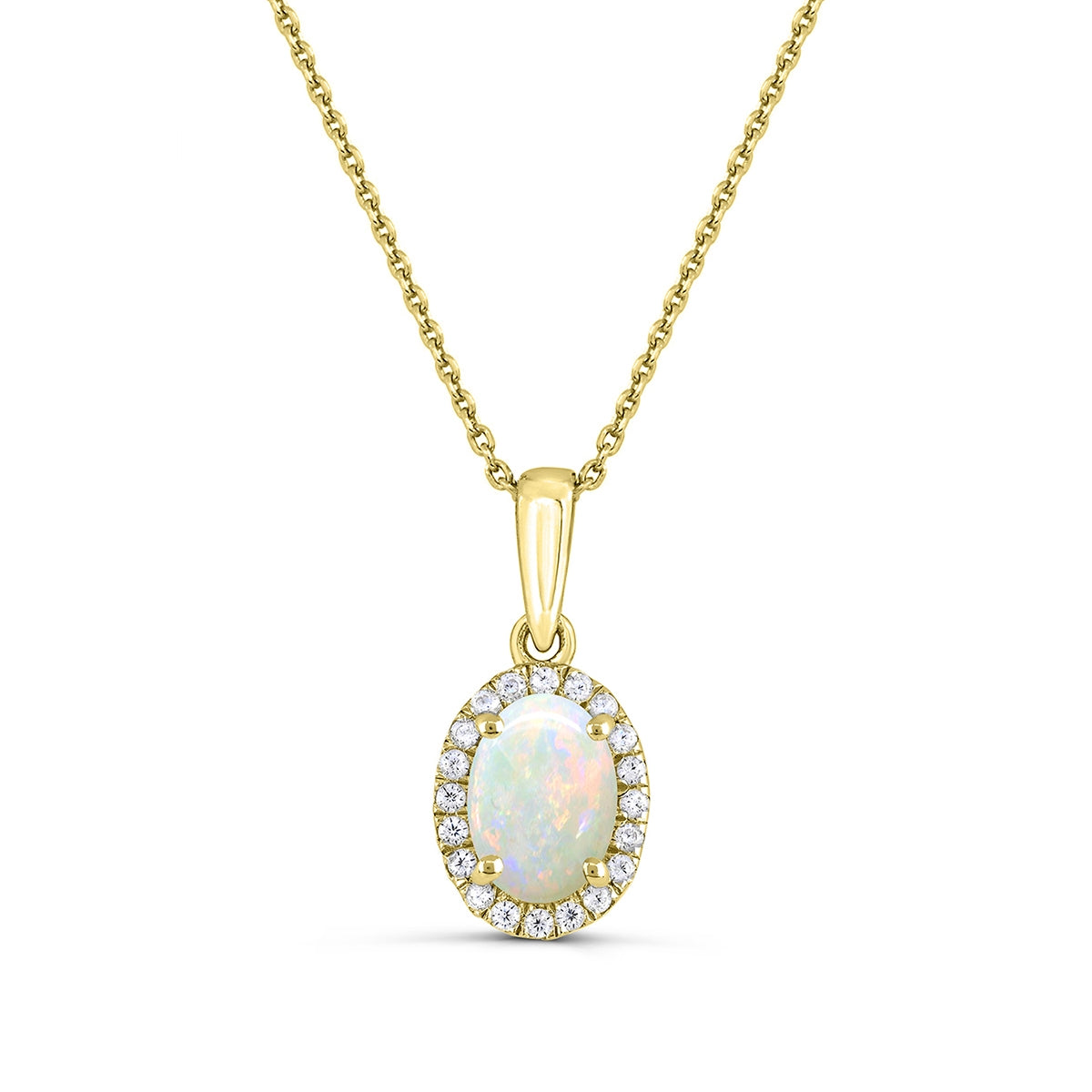 Oval Opal & 1/10 ct. tw. Diamond Halo Pendant in 14K Yellow Gold