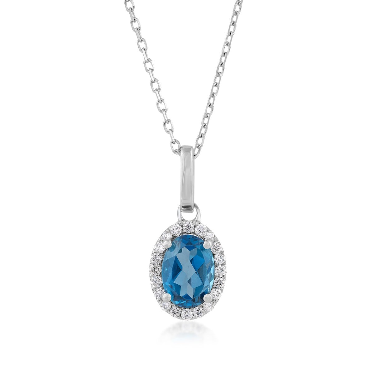 Oval London Blue Topaz & 1/10 ct. tw. Diamond Halo Pendant in 14K White Gold