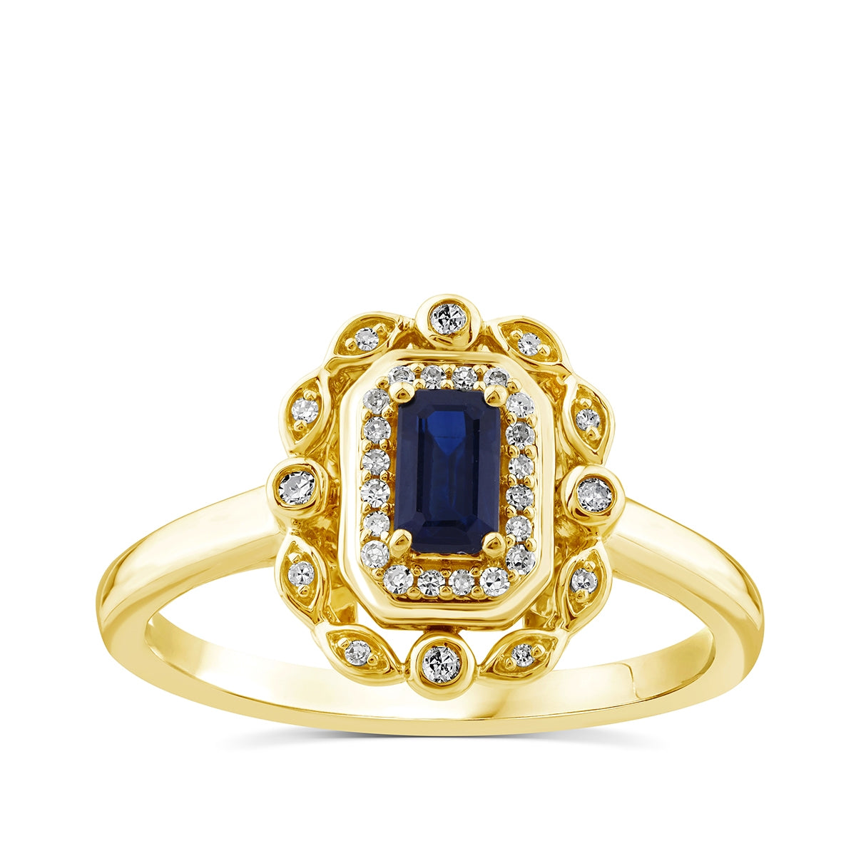 Emerald Cut Sapphire & 1/10 ct. tw. Diamond Halo Ring in 10K Yellow Gold