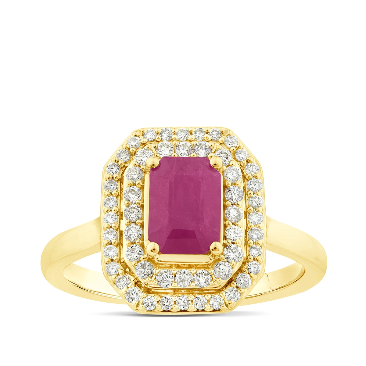 Emerald Cut Ruby & 1/3 ct. tw. Diamond Double Halo Ring in 10K Yellow Gold