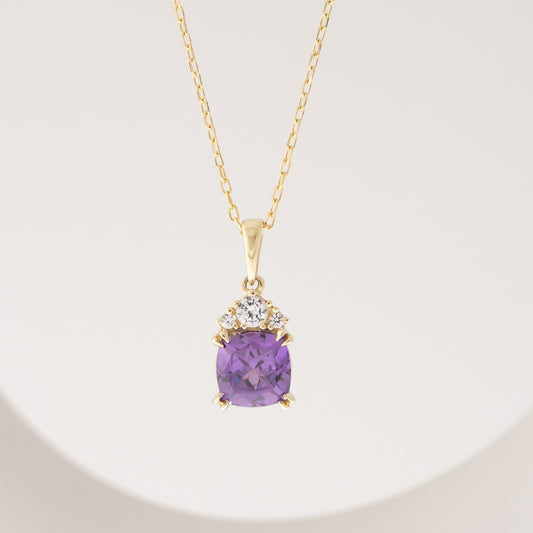 Created Cushion Alexandrite & Created White Sapphire Pendant in 10K Yellow Gold front view