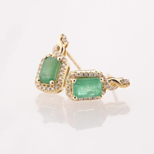 Infinite Love Emerald Cut Emerald & 1/7 ct. tw. Diamond Earrings in 10K Yellow Gold front view