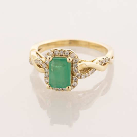 Infinite Love Emerald Cut Emerald & 1/5 ct. tw. Diamond Halo Ring in 10K Yellow Gold front view