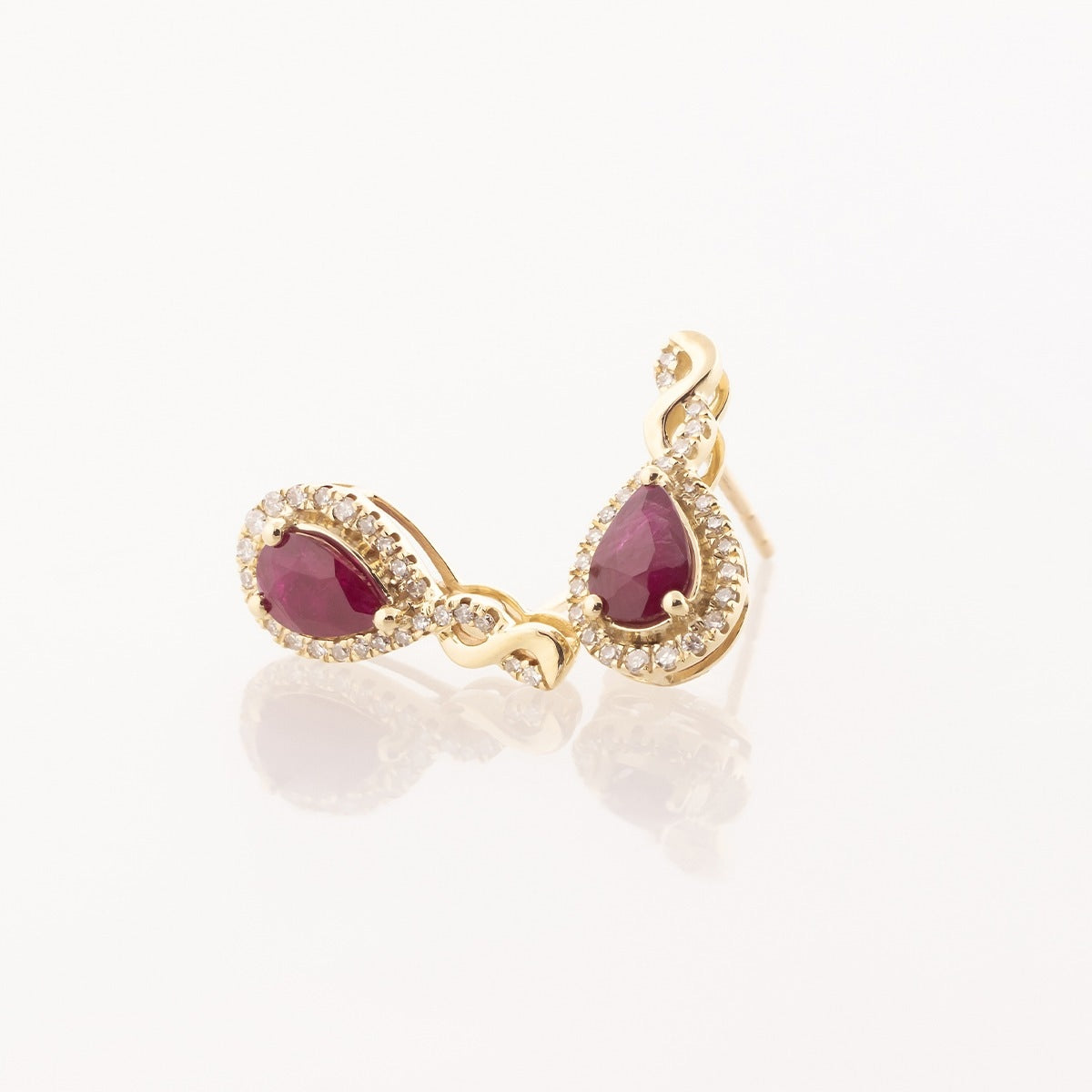 Infinite Love Pear Ruby & 1/8 ct. tw. Diamond Earrings in 10K Yellow Gold front view