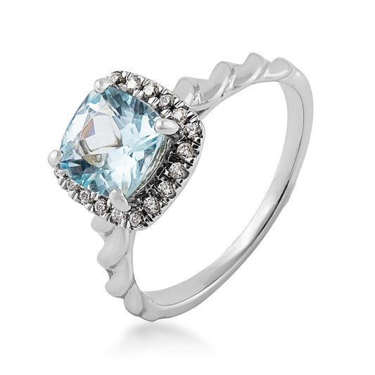 Cushion Aquamarine & 1/6 ct. tw. Diamond Halo Ring in 10K White Gold front view