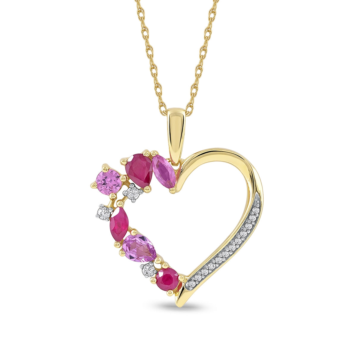 Multi-Shape Ruby, Pink Sapphire & Diamond Accent Heart Pendant in 10K Yellow Gold