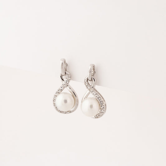 Freshwater Pearl & Created White Sapphire Twist Drop Earrings in Sterling Silver front view