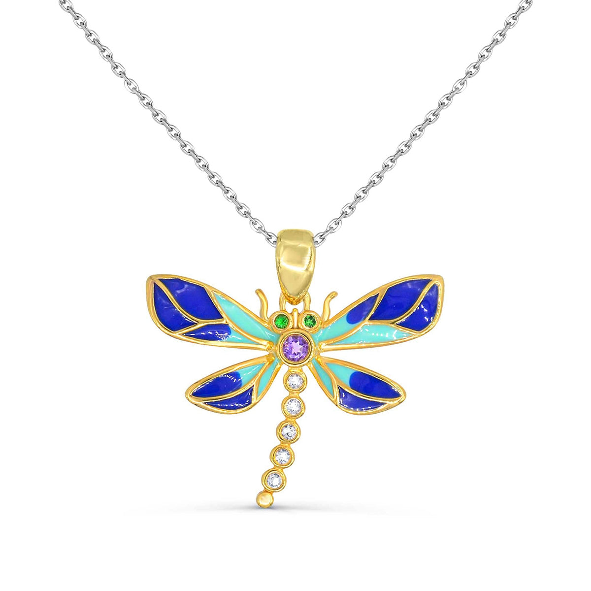 Round Amethyst, Tsavorite, & Created White Sapphire Blue Enamel Dragon Fly Pendant in 14K Yellow Gold Plated Sterling Silver