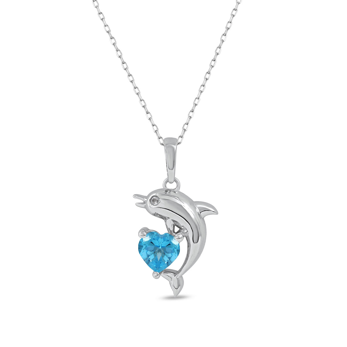 Heart Swiss Blue Topaz & Created White Sapphire Dolphin Pendant in Sterling Silver