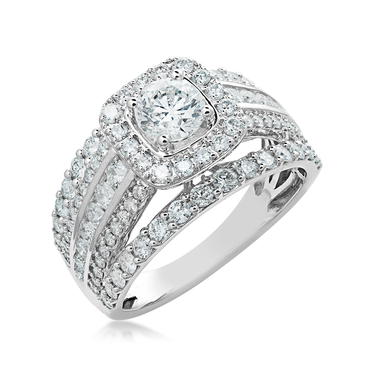 Natural 2 ct. tw. Round Brilliant Diamond Halo Multi-Row Engagement Ring in 10K White Gold front view