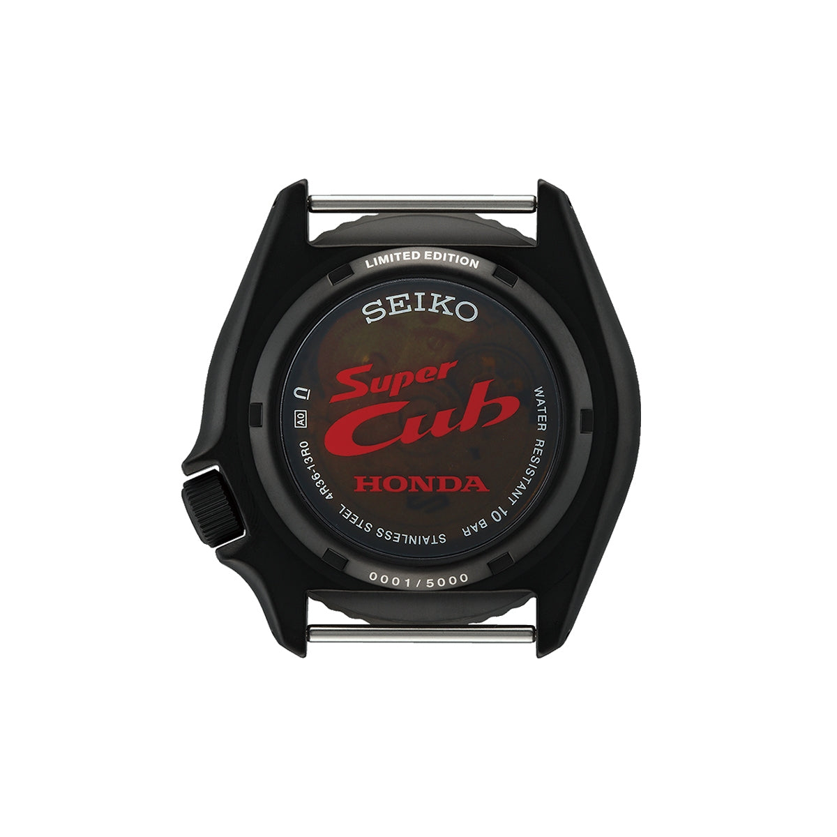Seiko Men's 5 Sports Super Cub Honda Black Stainless Steel Watch with Black Dial & Gray Nylon Strap front view