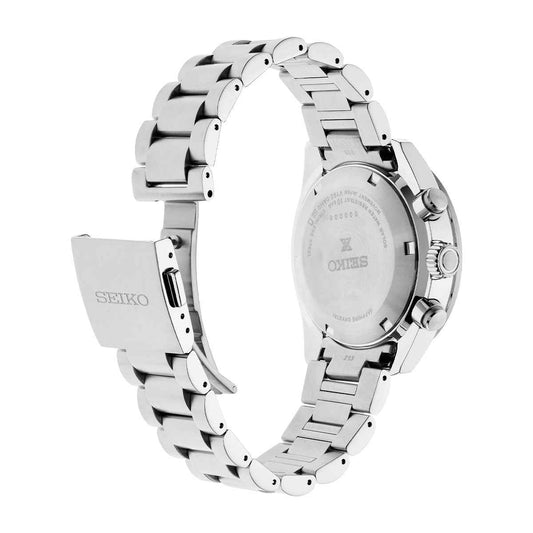 Seiko Men's Speedtimer Solar Stainless Steel Watch with Blue Dial close-up detail