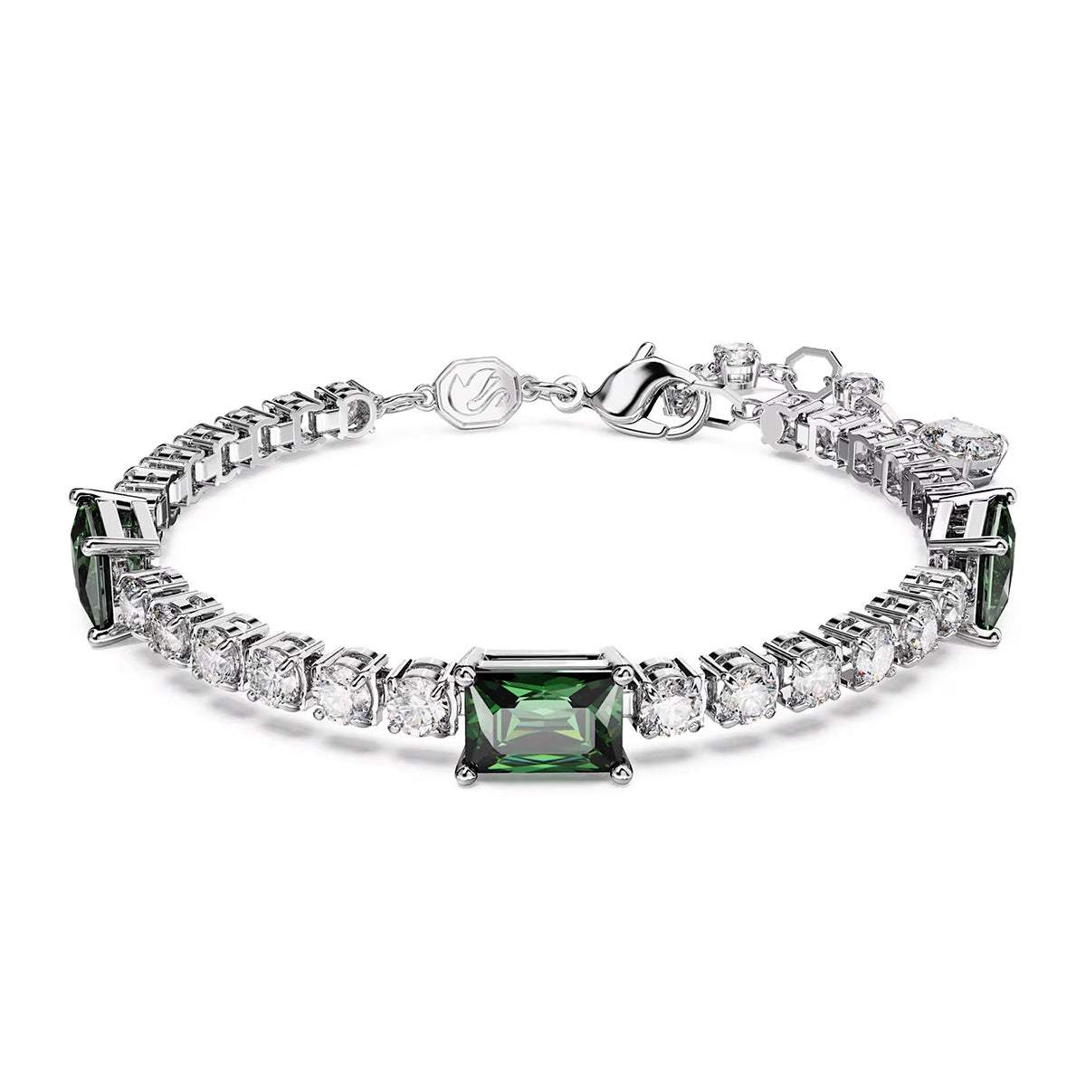 Swarovski Round & Emerald Cut White & Green Matrix Crystal Tennis Bracelet in White Rhodium Plating