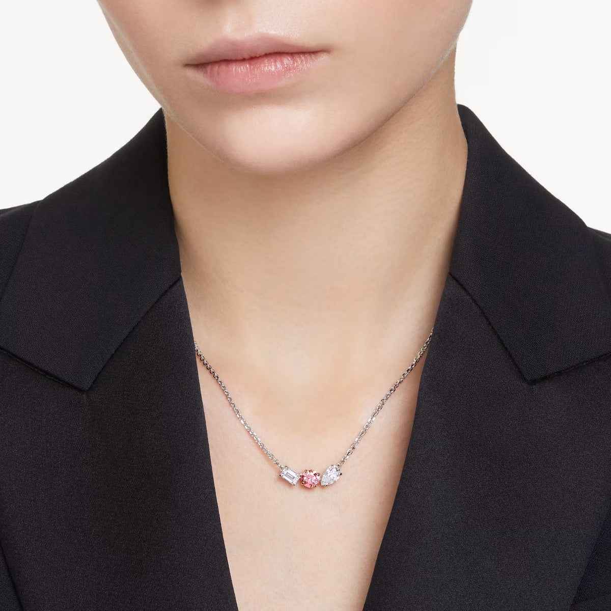 Swarovski Mesmera Multi-Shape Pink & White Crystal Necklace in White Rhodium Plating close-up detail