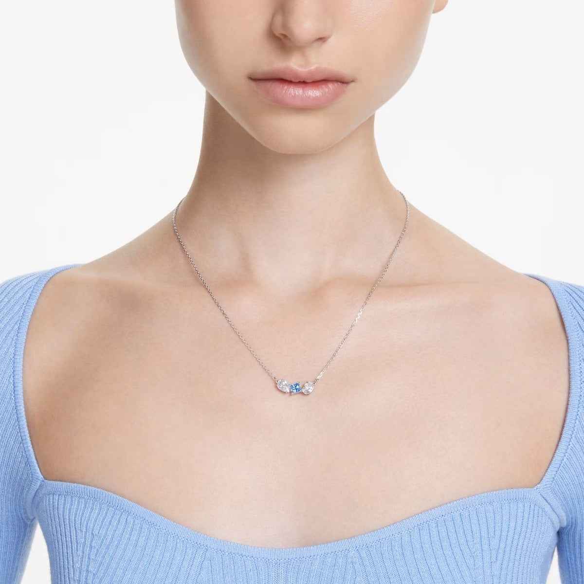 Swarovski Mesmera Multi-Shape Blue & White Crystal Necklace in White Rhodium Plating close-up detail