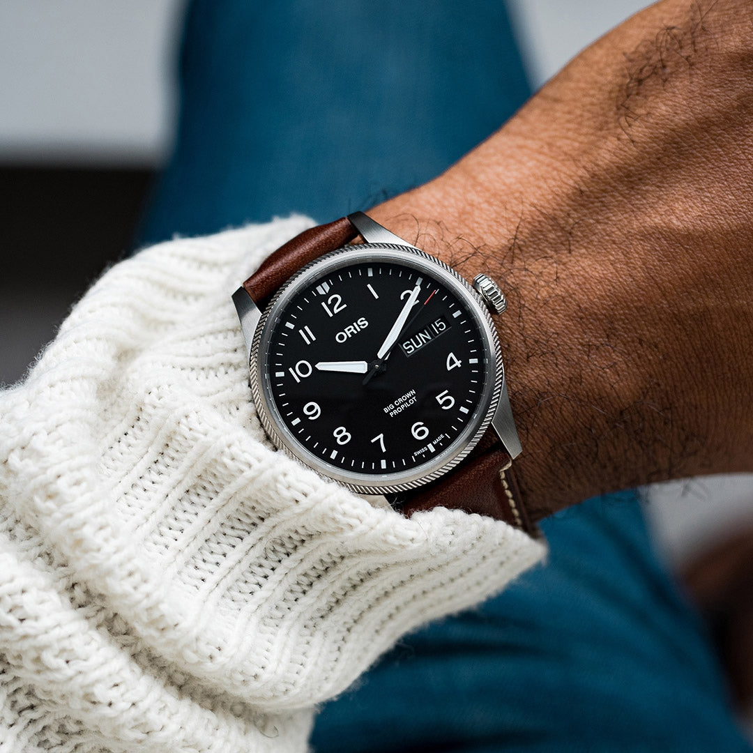 Oris Men's Big Crown ProPilot Date Automatic Stainless Steel Watch with Black Dial & Leather Strap front view