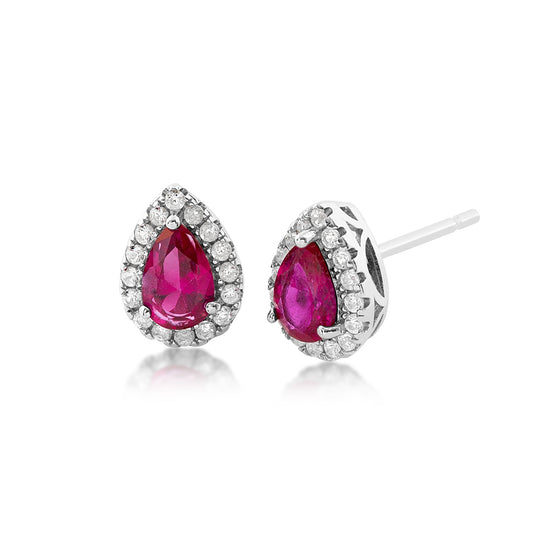 Created Pear Ruby & White Sapphire Halo Pendant & Earring Set in Sterling Silver close-up detail
