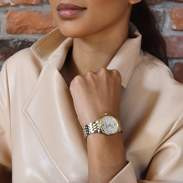 Frederique Constant Ladies' Slimline Quartz Two-Tone Stainless Steel Watch with White Dial front view