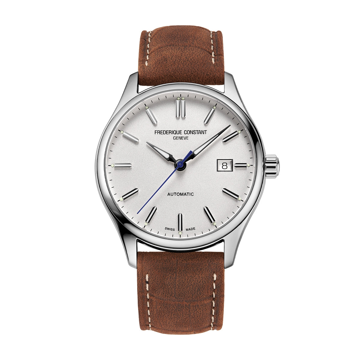 Frederique Constant Men's Index Automatic Stainless Steel Watch with White Dial & Brown Leather Strap