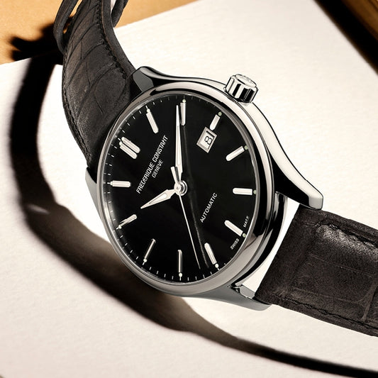 Frederique Constant Men's Index Automatic Stainless Steel Watch with Black Dial & Leather Strap front view