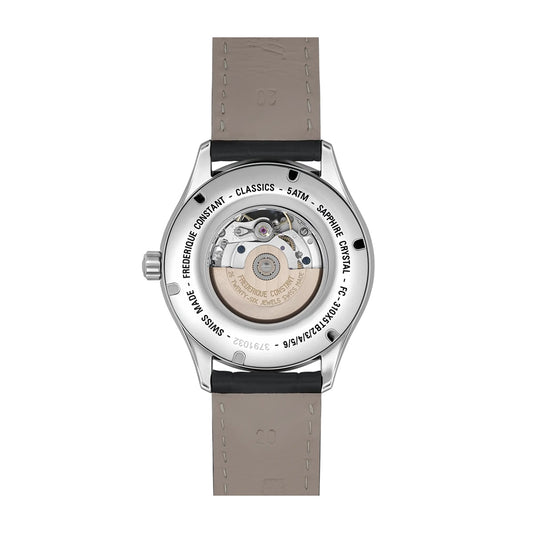 Frederique Constant Men's Classics Heart Beat Automatic Stainless Steel Watch with Silver Dial & Black Leather front view