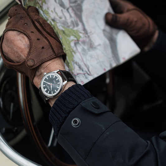 Frederique Constant Men's Vintage Rally Healey Automatic Stainless Steel Watch with Green Dial & Brown Leather side profile