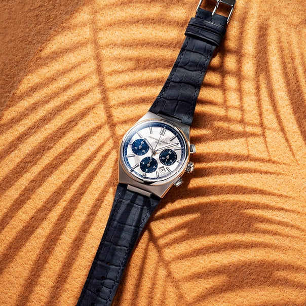 Frederique Constant Men's Highlife Chronograph Automatic White Globe Pattern Dial Stainless Steel Watch with close-up detail