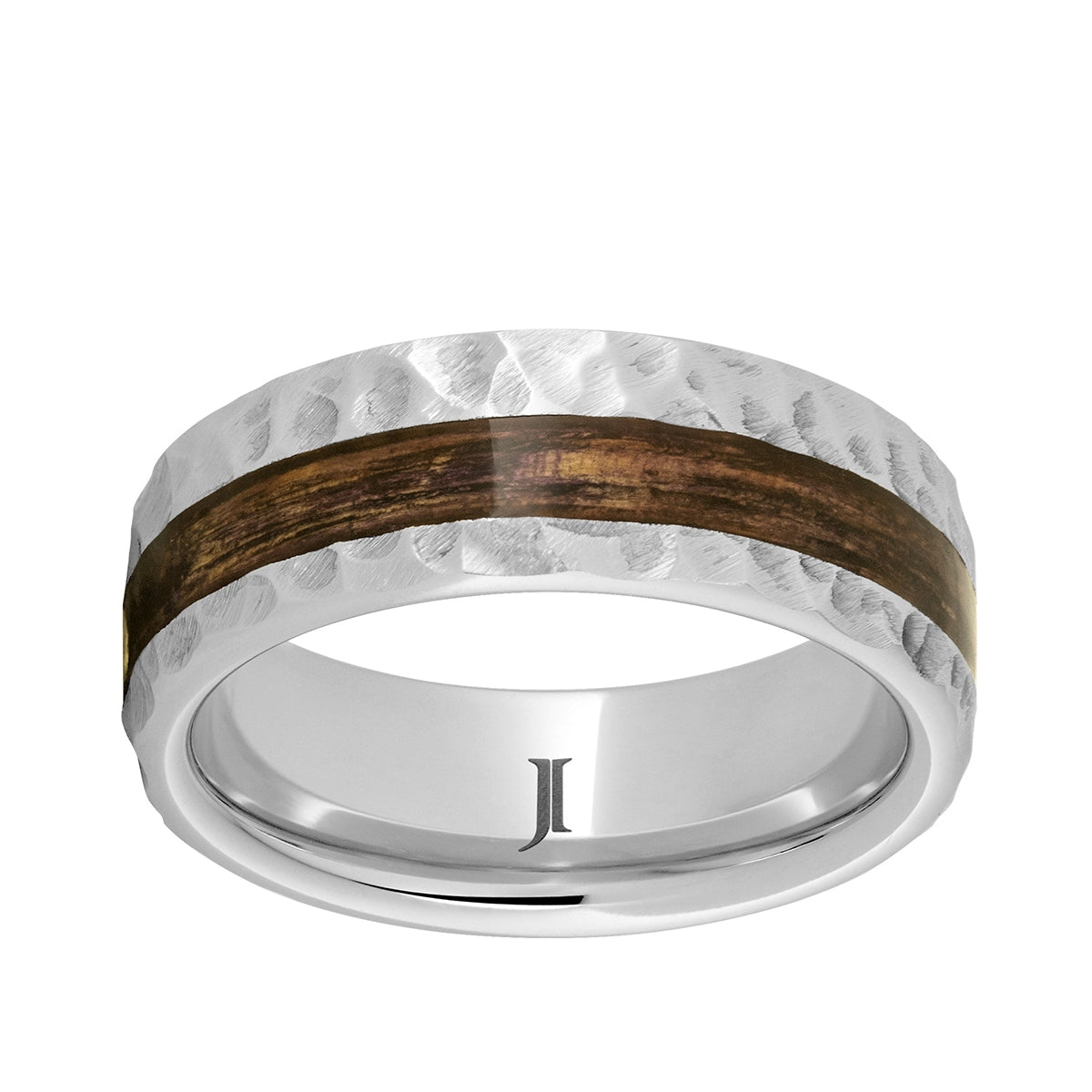 Men's Bourbon Barrel Wood Inlay Moon Crater Finish Wedding Ring in Serinium