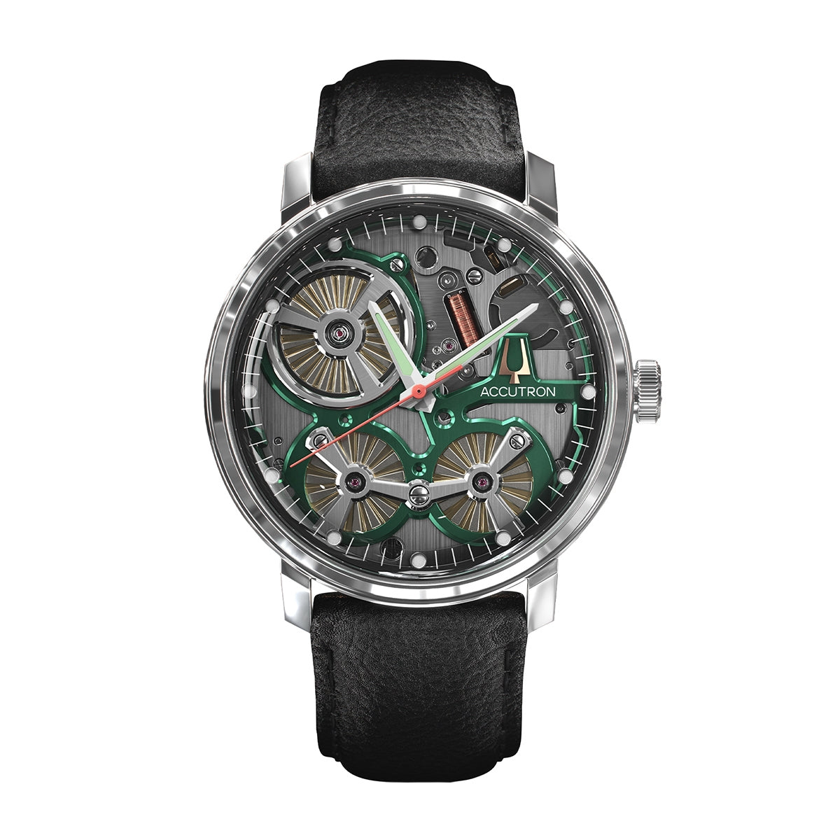 Accutron Men's Spaceview 2020 Automatic Gray & Green Skeleton Dial Stainless Steel Watch with Black Leather Strap