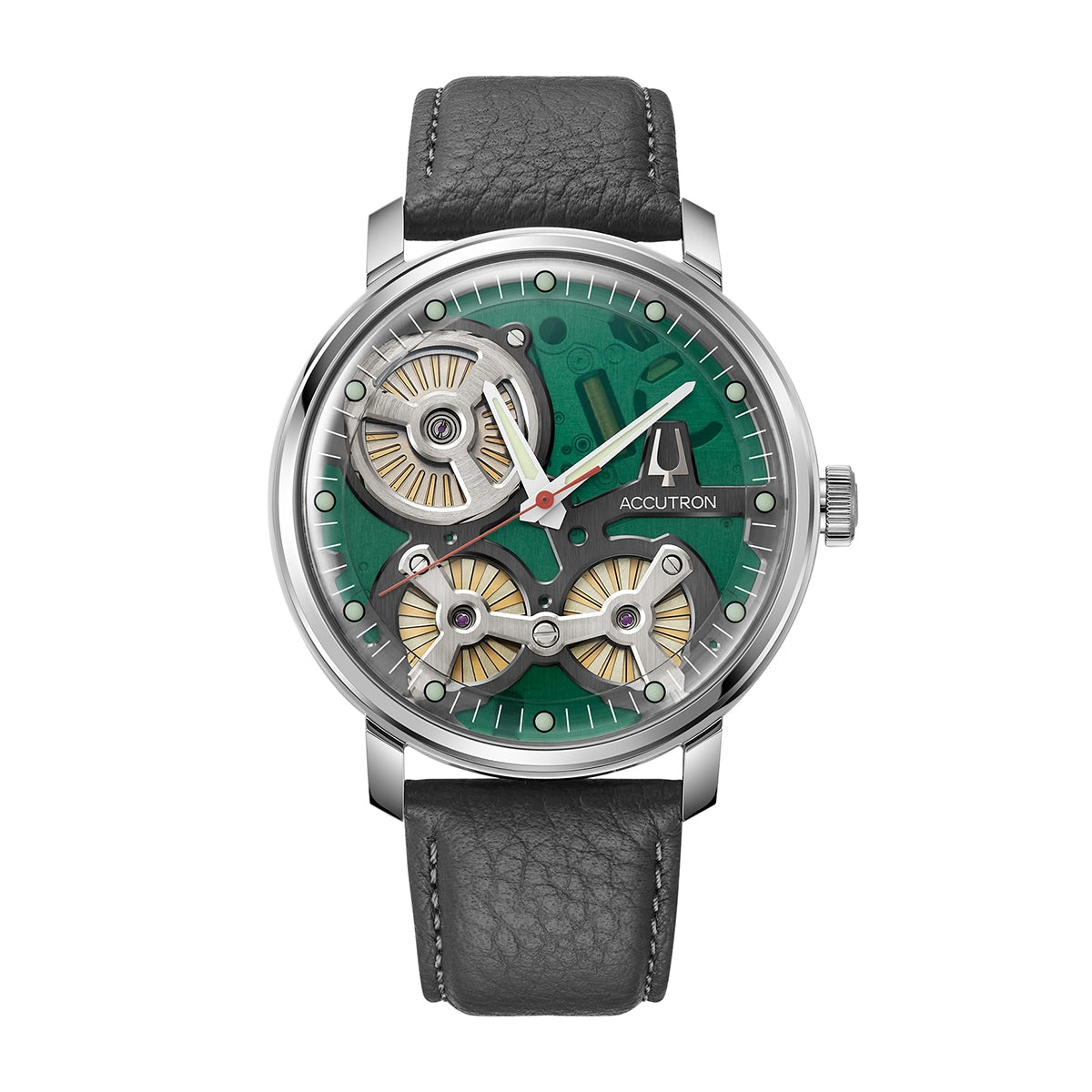Accutron Men's Spaceview 2020 Automatic Green & Black Skeleton Dial Stainless Steel Watch with Charcoal Leather Strap
