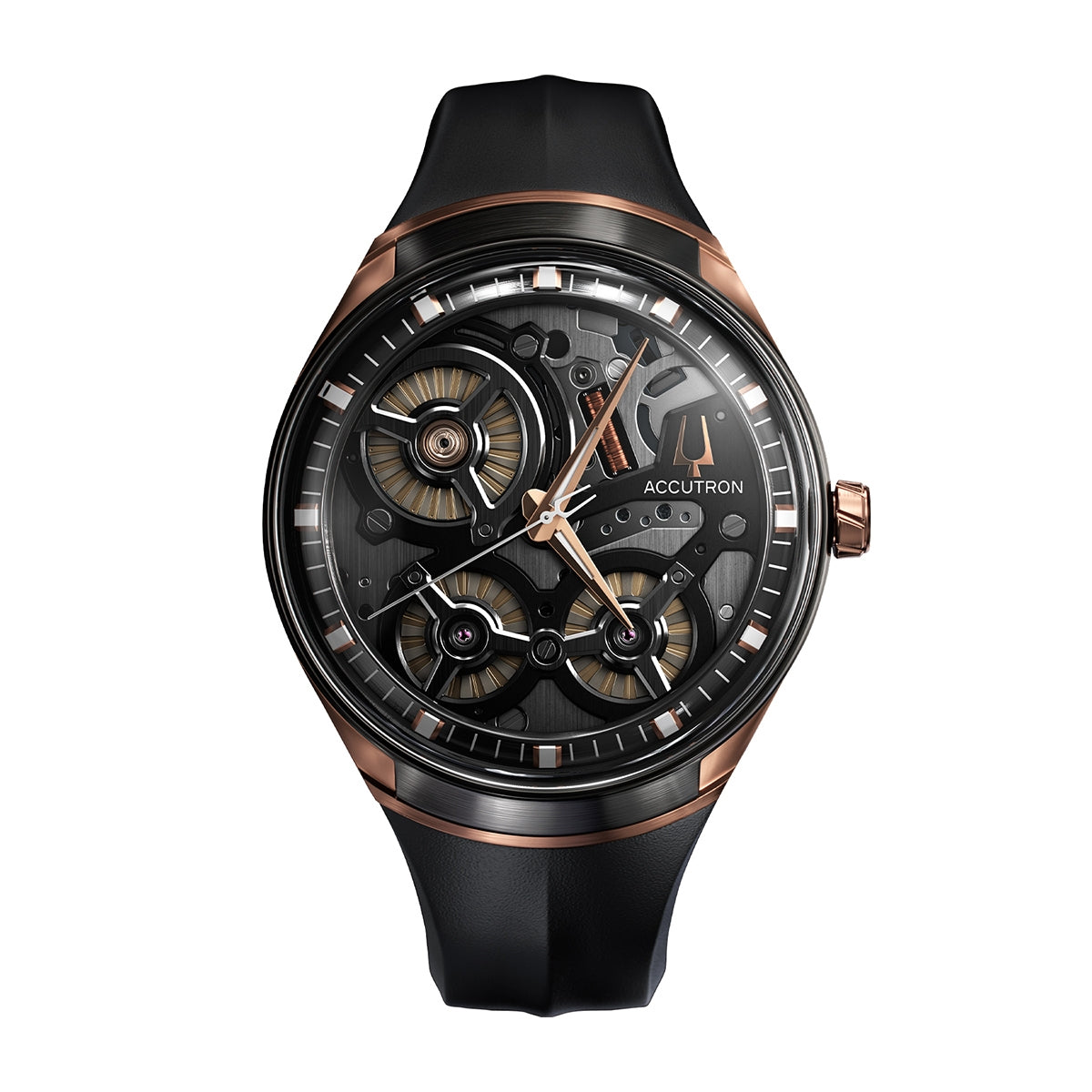 Accutron Men's DNA Automatic Skeleton Dial Rose Gold-Tone & Gray Stainless Steel Watch with Black Rubber Strap