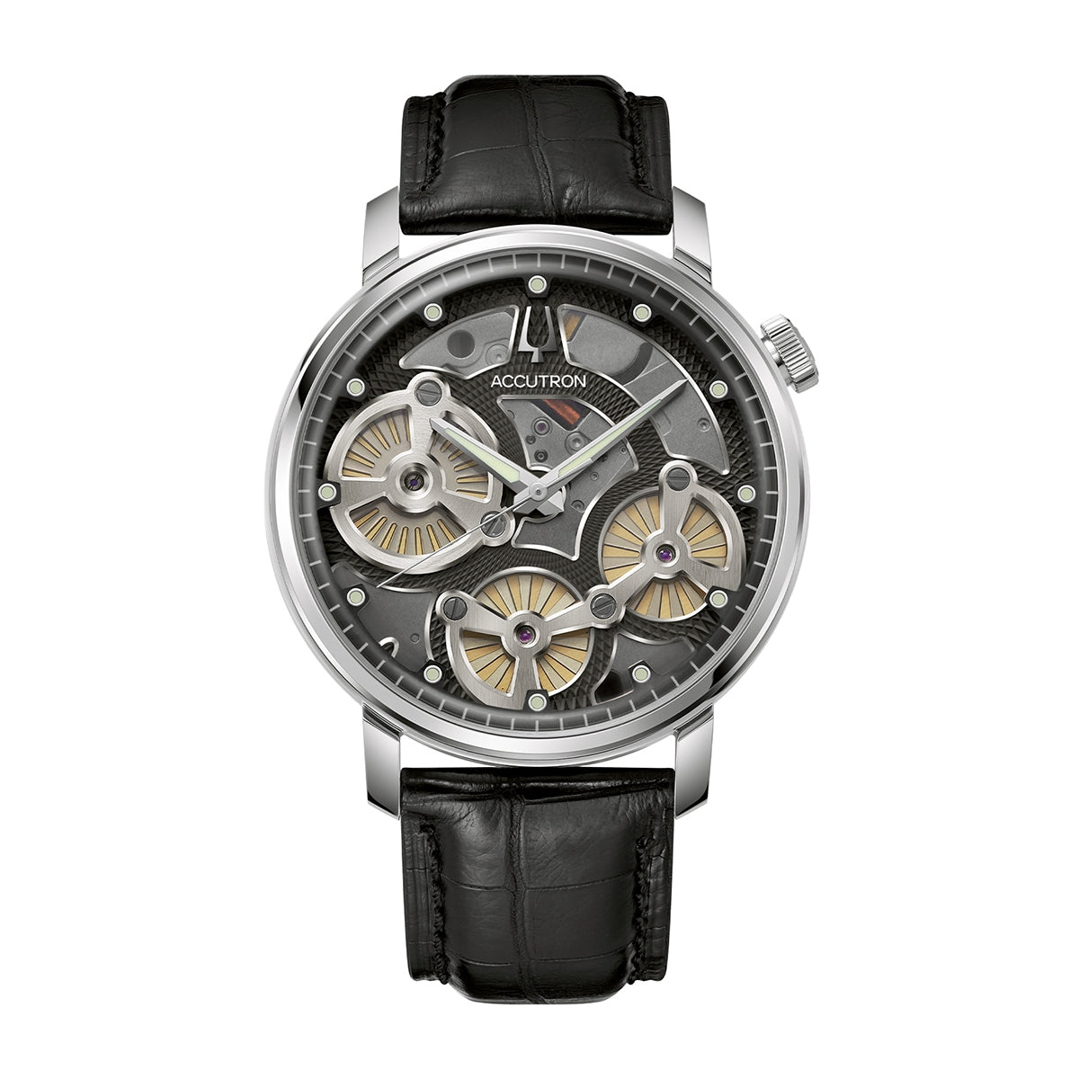 Accutron Men's Spaceview Evolution Automatic Gray & Black Skeleton Dial Stainless Steel Watch with Black Alligator Strap