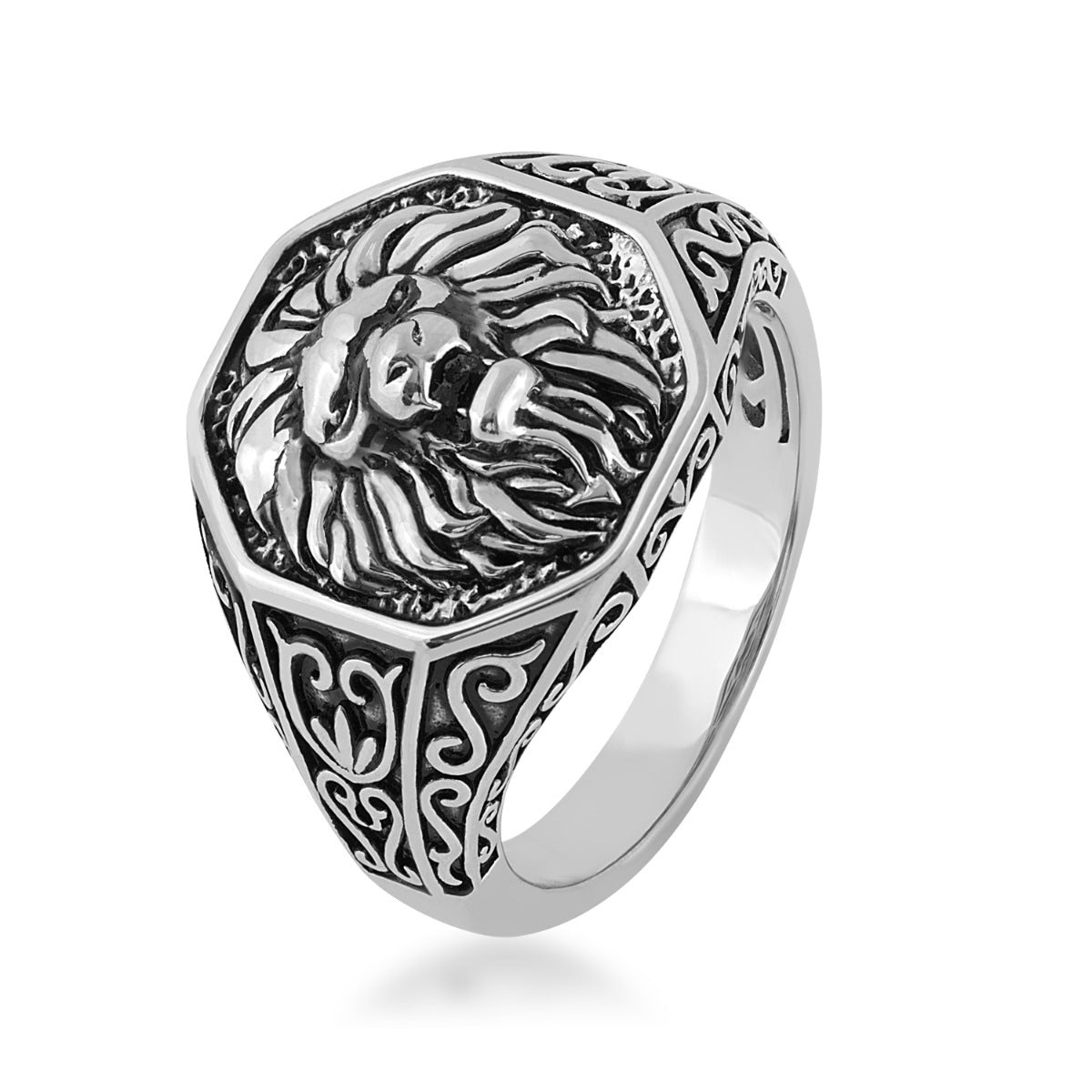 Men's Antiqued Lion Ring in Sterling Silver front view