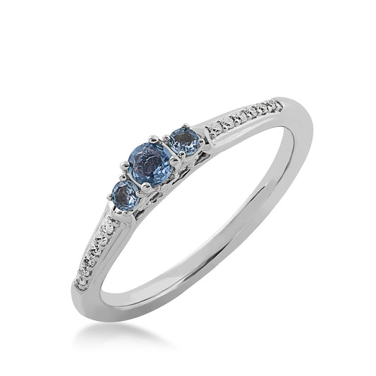 Yogo Sapphire & Diamond Accent 3-Stone Ring in 14K White Gold front view