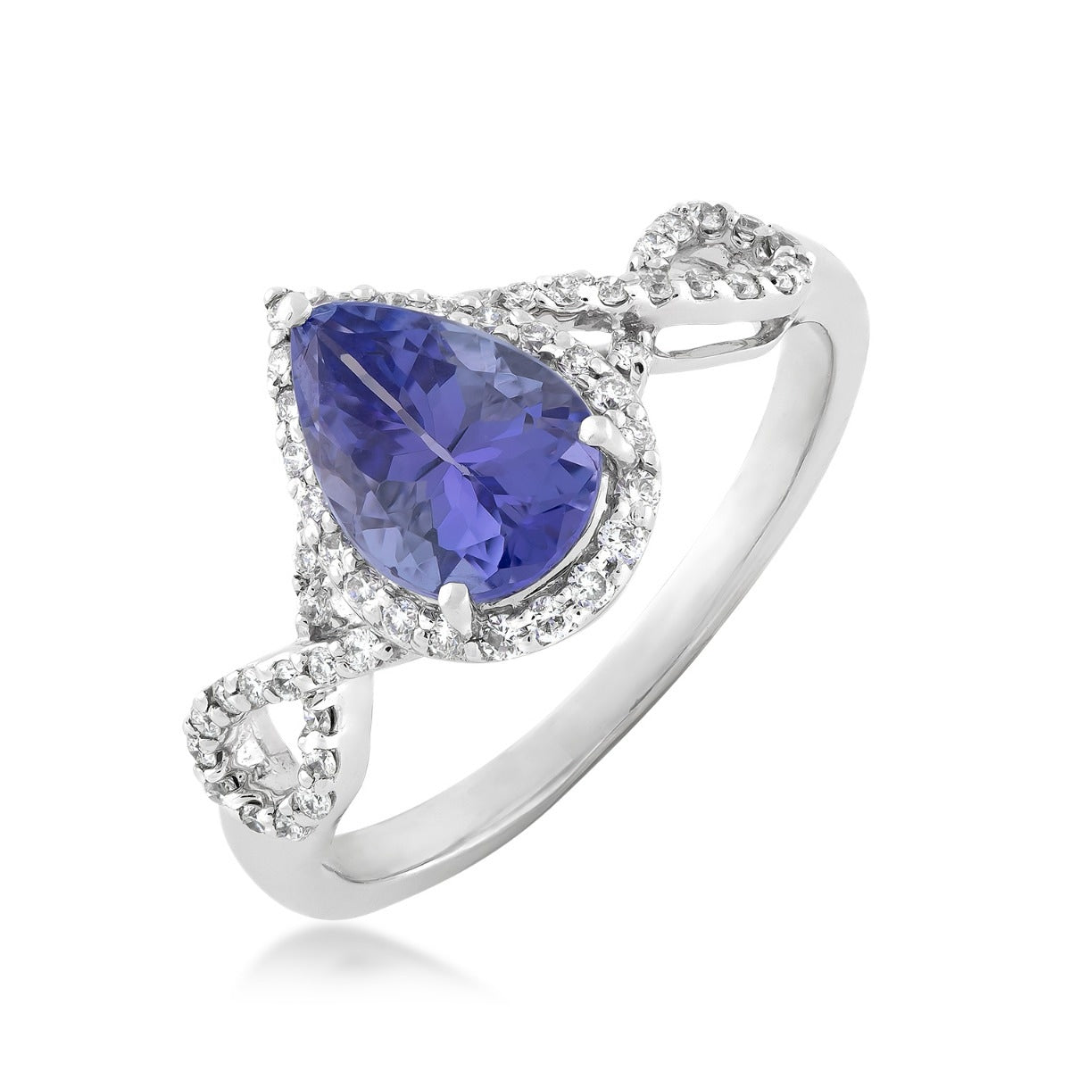 Pear Tanzanite & 1/5 ct. tw. Diamond Halo Twist Ring in 14K White Gold front view