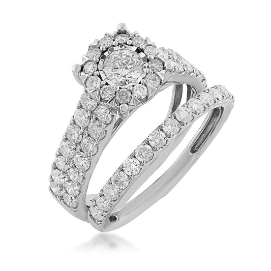 Natural 2 ct. tw. Round Diamond Halo Wedding Set with Miracle Plate in 14K White Gold close-up detail