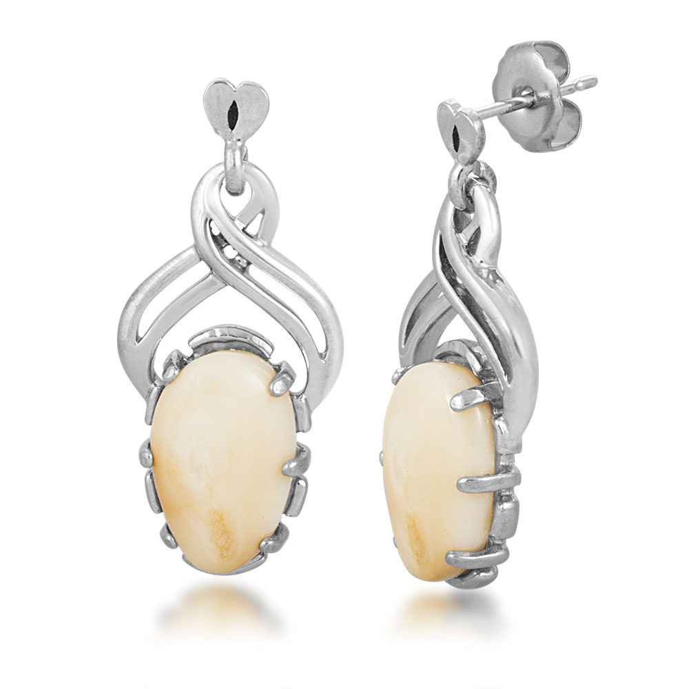 Ladies' Elk Ivory Cabochon Cut Dangle Earrings in Sterling Silver