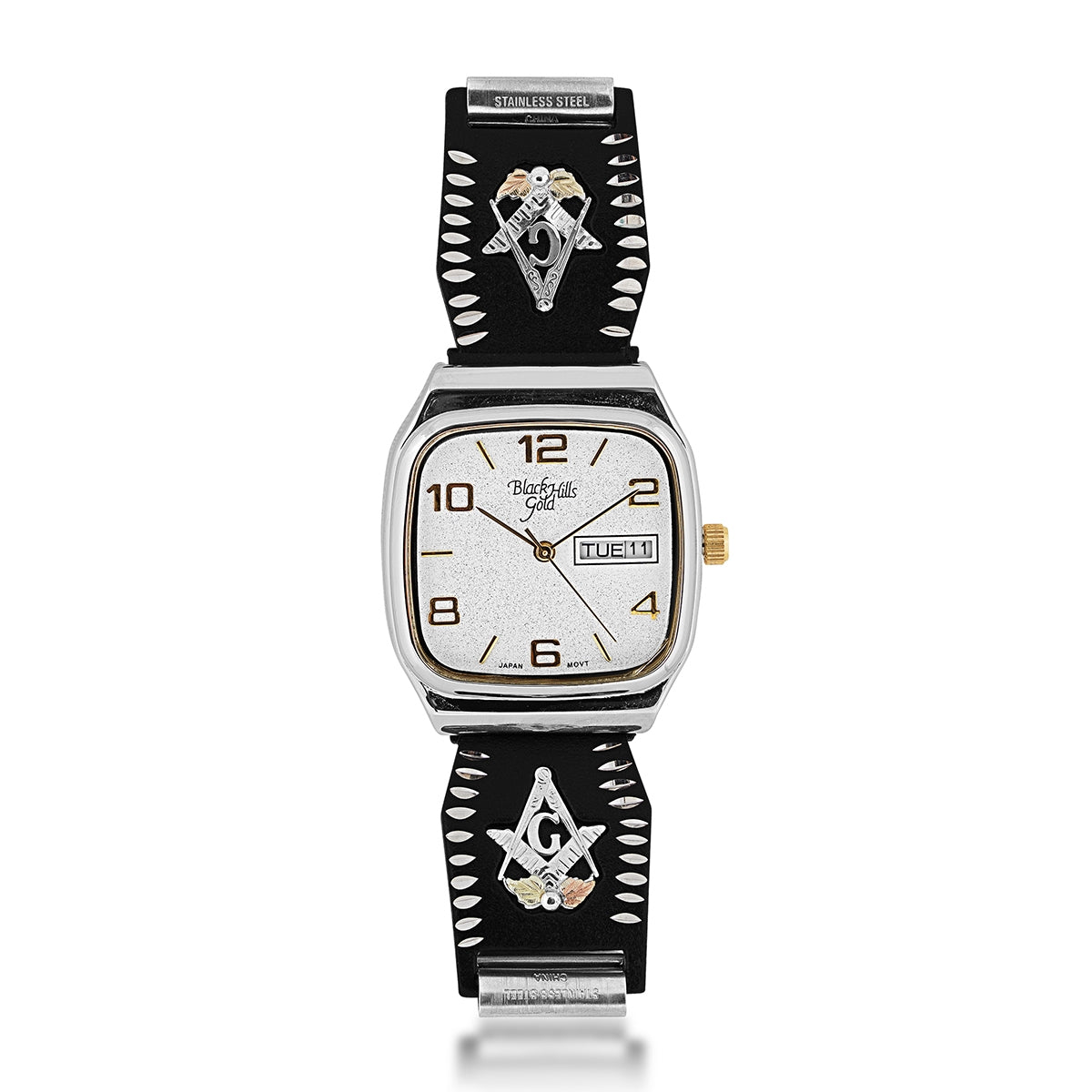 Black Hills Gold Men's Quartz Stainless Steel Watch with White Dial & Masonic Powder Coated Expansion Band