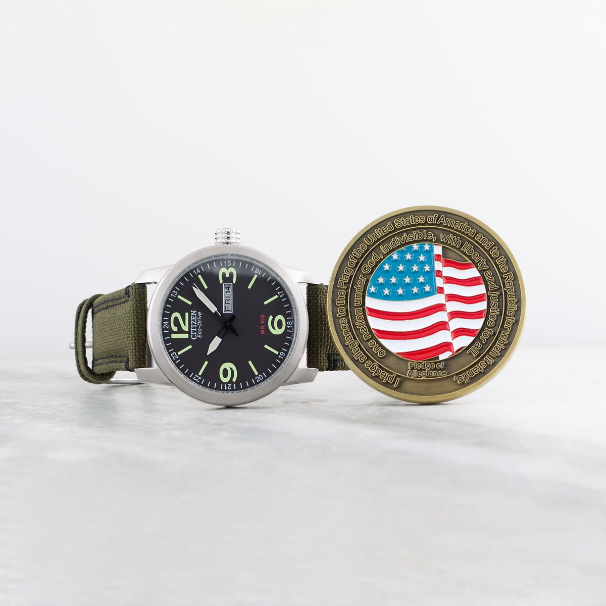 Citizen Men's Eco-Drive Stainless Steel Military Watch Box Set with Coin & Green Nylon Strap close-up detail