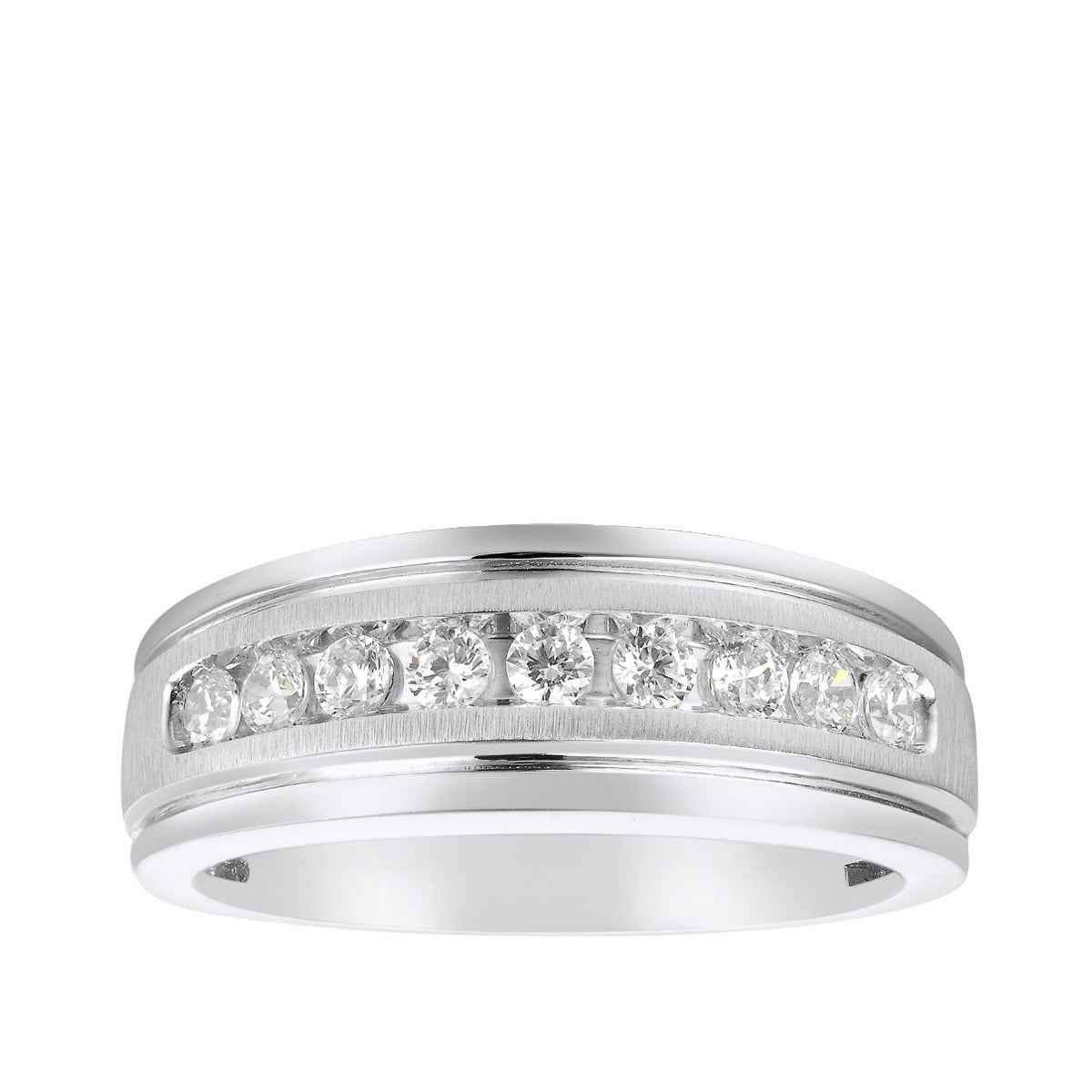 1 ct. tw. Men's 9-Stone Diamond Brushed Center Wedding Band in 10K White Gold