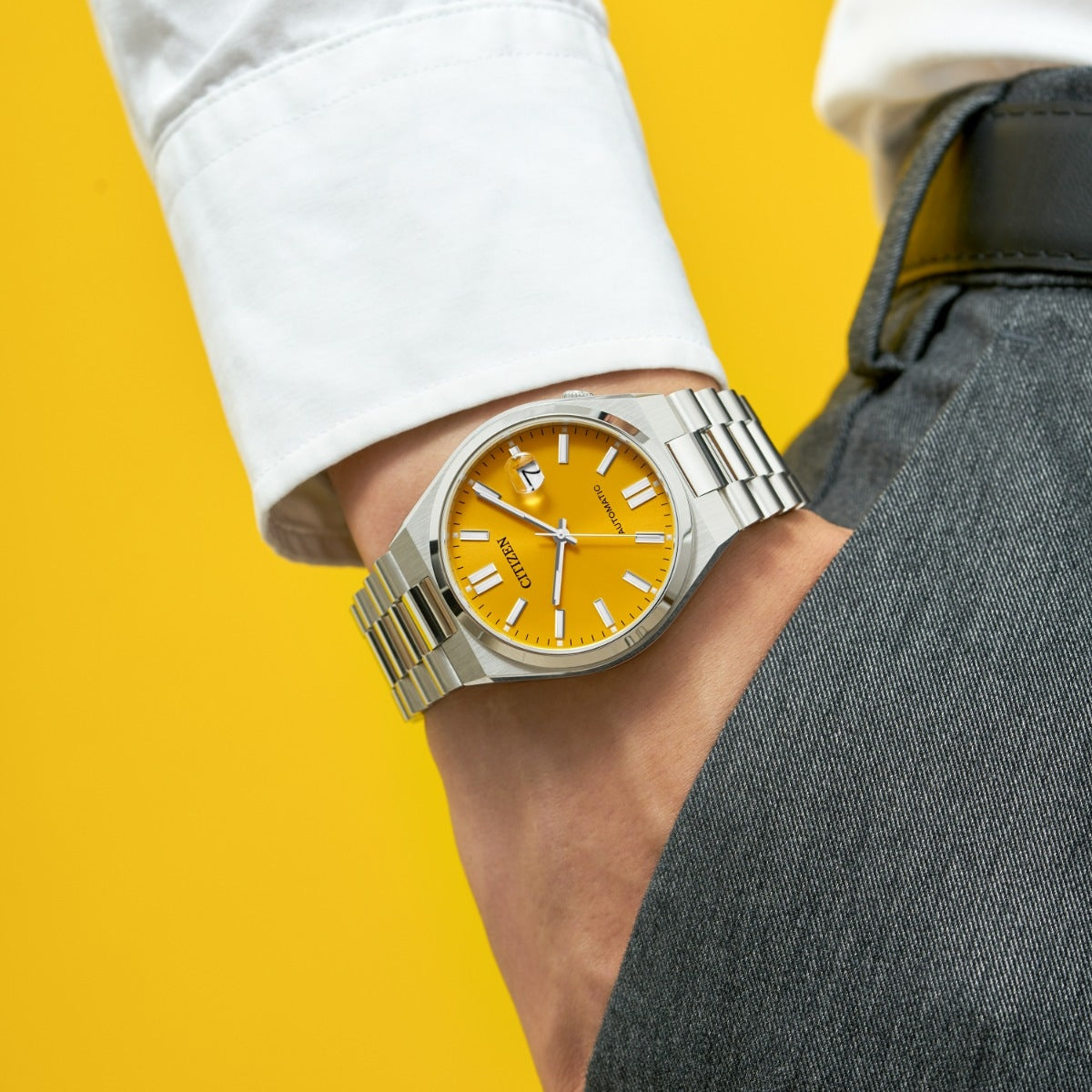 Citizen Men's TSUYOSA Automatic Stainless Steel Watch with Yellow Dial full view